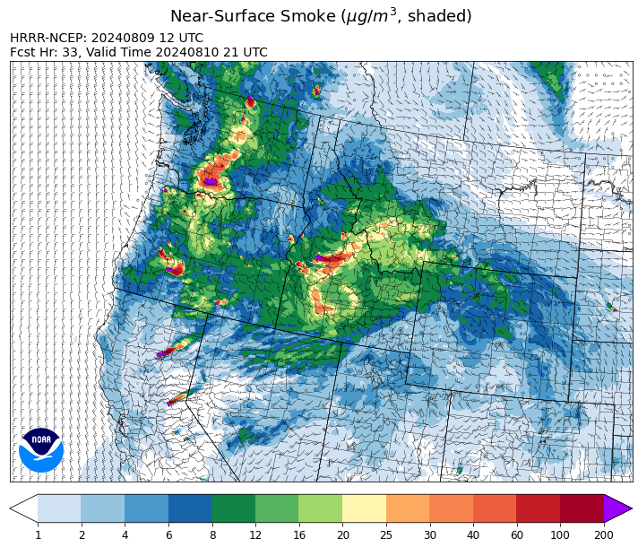 By late Saturday, the HRRR smoke model shows smoke from wildfires burning in Idaho, Washington, and Oregon drifting into Southwest Montana.